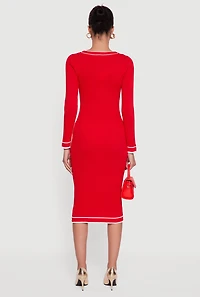 Womens Contrast Trim Pocket Detail Long Sleeve Sweater Dress, Red, Size S