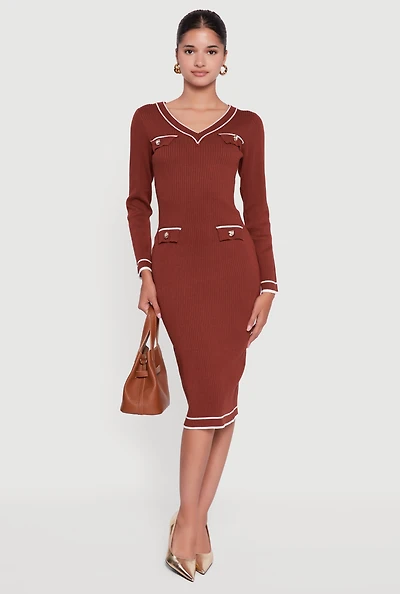 Womens Contrast Trim Pocket Detail Long Sleeve Sweater Dress,