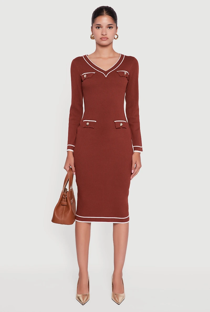 Womens Contrast Trim Pocket Detail Long Sleeve Sweater Dress, S