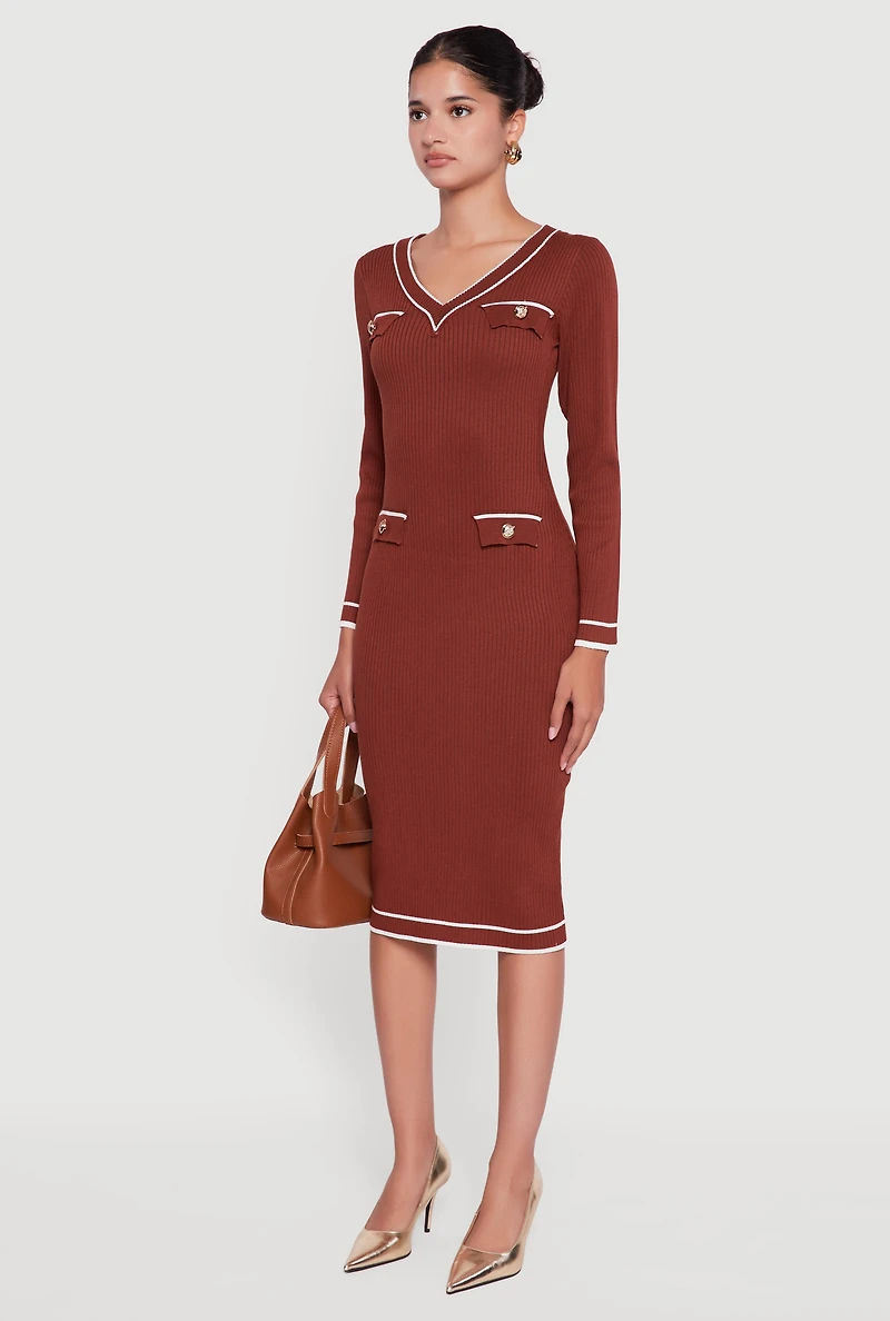 Womens Contrast Trim Pocket Detail Long Sleeve Sweater Dress, S