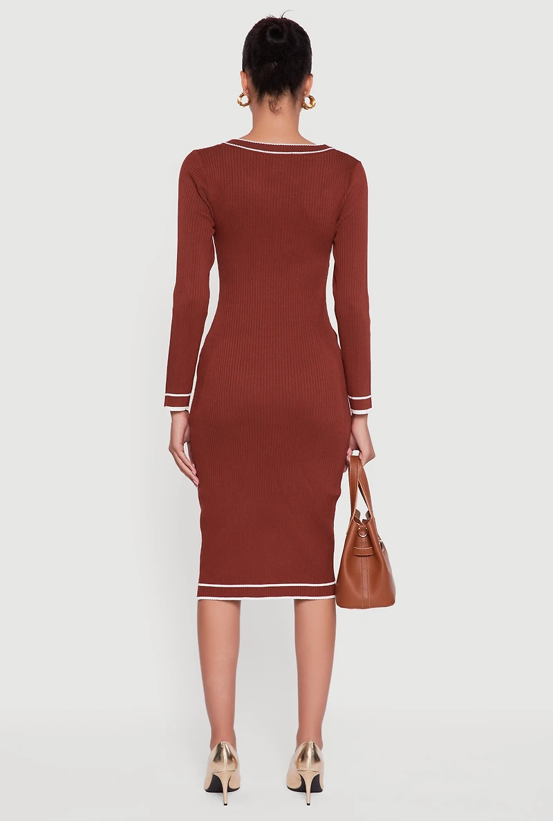 Womens Contrast Trim Pocket Detail Long Sleeve Sweater Dress, S