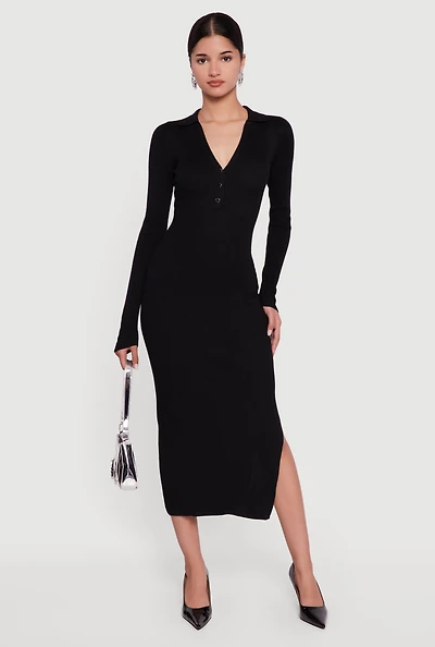 Ribbed Knit Midi Sweater Dress with Side Slit