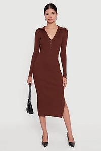 Womens Ribbed Knit Midi Sweater Dress with Side Slit, Brown, Size M