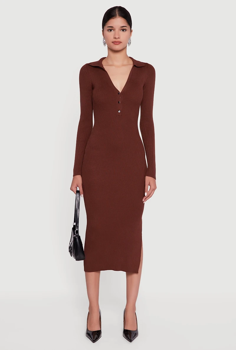 Womens Ribbed Knit Midi Sweater Dress with Side Slit, Brown,