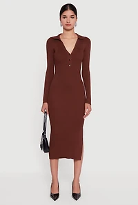 Womens Ribbed Knit Midi Sweater Dress with Side Slit, Brown, Size M