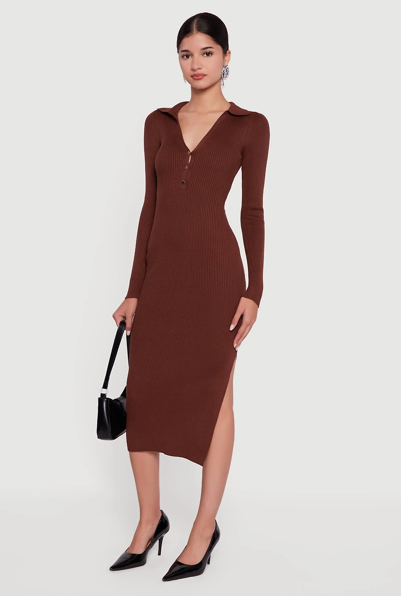 Womens Ribbed Knit Midi Sweater Dress with Side Slit, Brown, Size M
