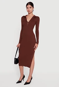 Womens Ribbed Knit Midi Sweater Dress with Side Slit, Brown, Size M