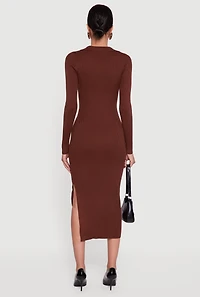 Womens Ribbed Knit Midi Sweater Dress with Side Slit, Brown,