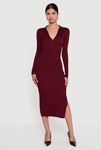 Ribbed Knit Midi Sweater Dress with Side Slit