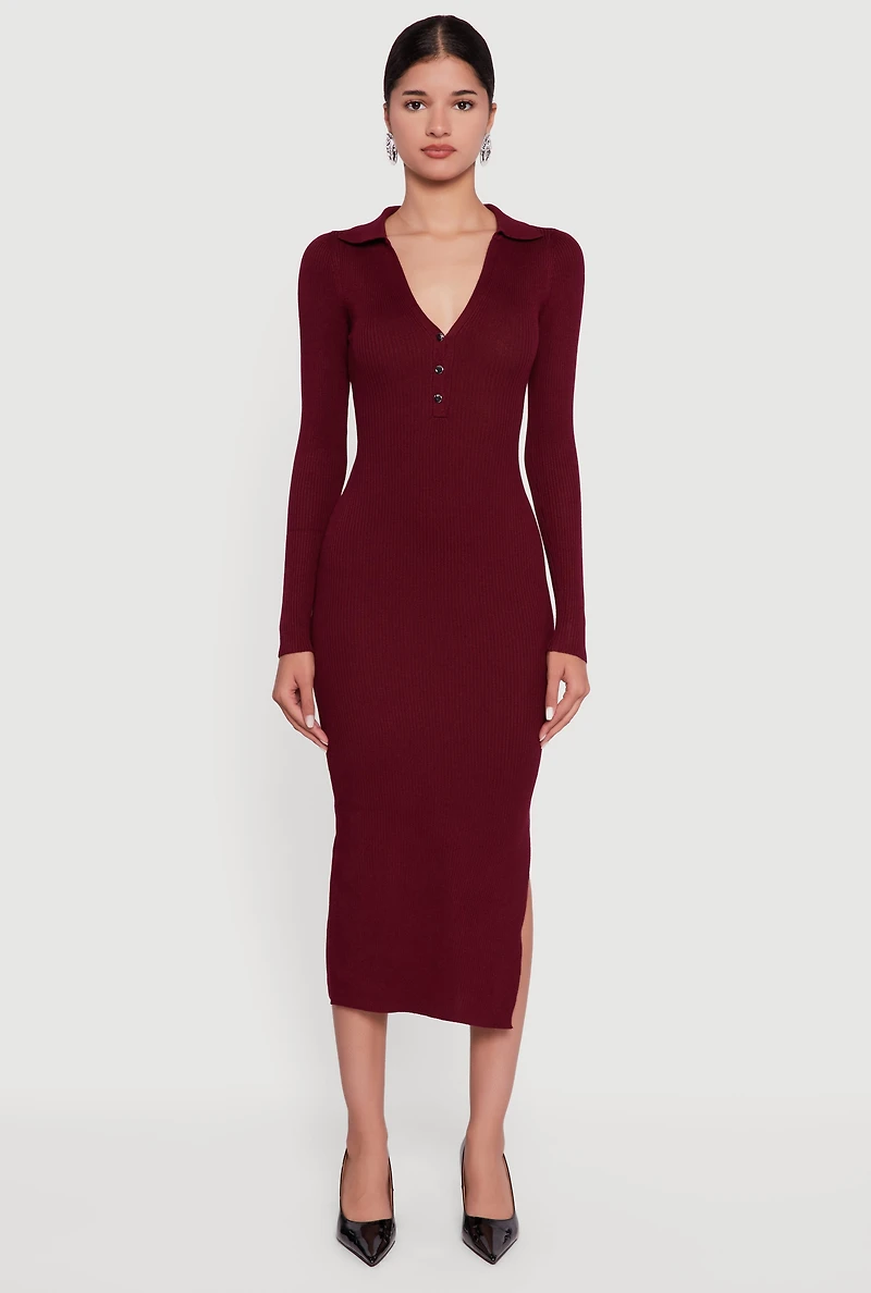 Ribbed Knit Midi Sweater Dress with Side Slit