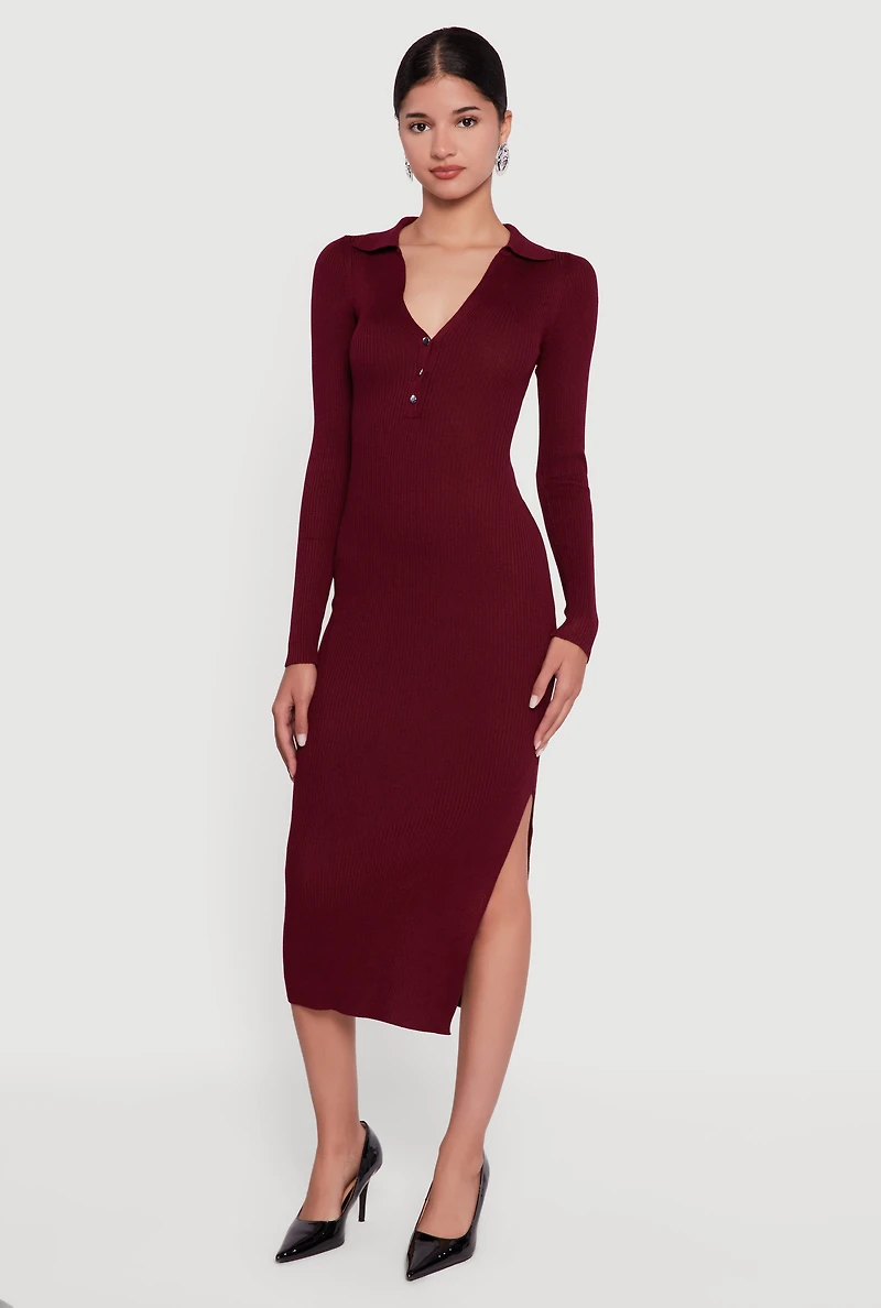 Ribbed Knit Midi Sweater Dress with Side Slit