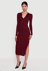 Ribbed Knit Midi Sweater Dress with Side Slit