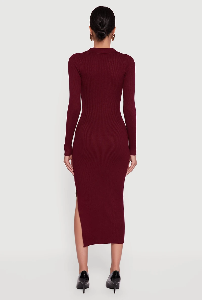 Ribbed Knit Midi Sweater Dress with Side Slit