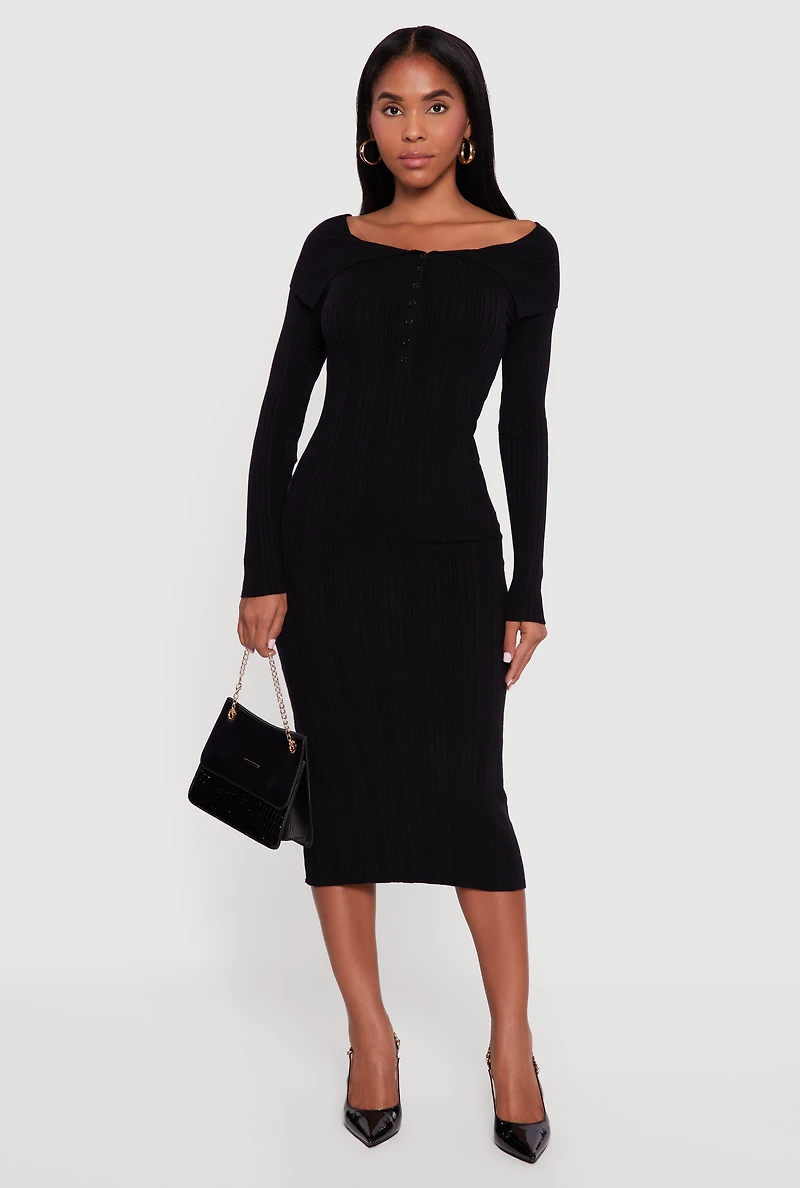 Womens Rib Knit Fold Over Quarter Button Front Sweater Dress, Black,