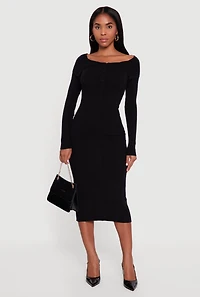 Womens Rib Knit Fold Over Quarter Button Front Sweater Dress, Black,