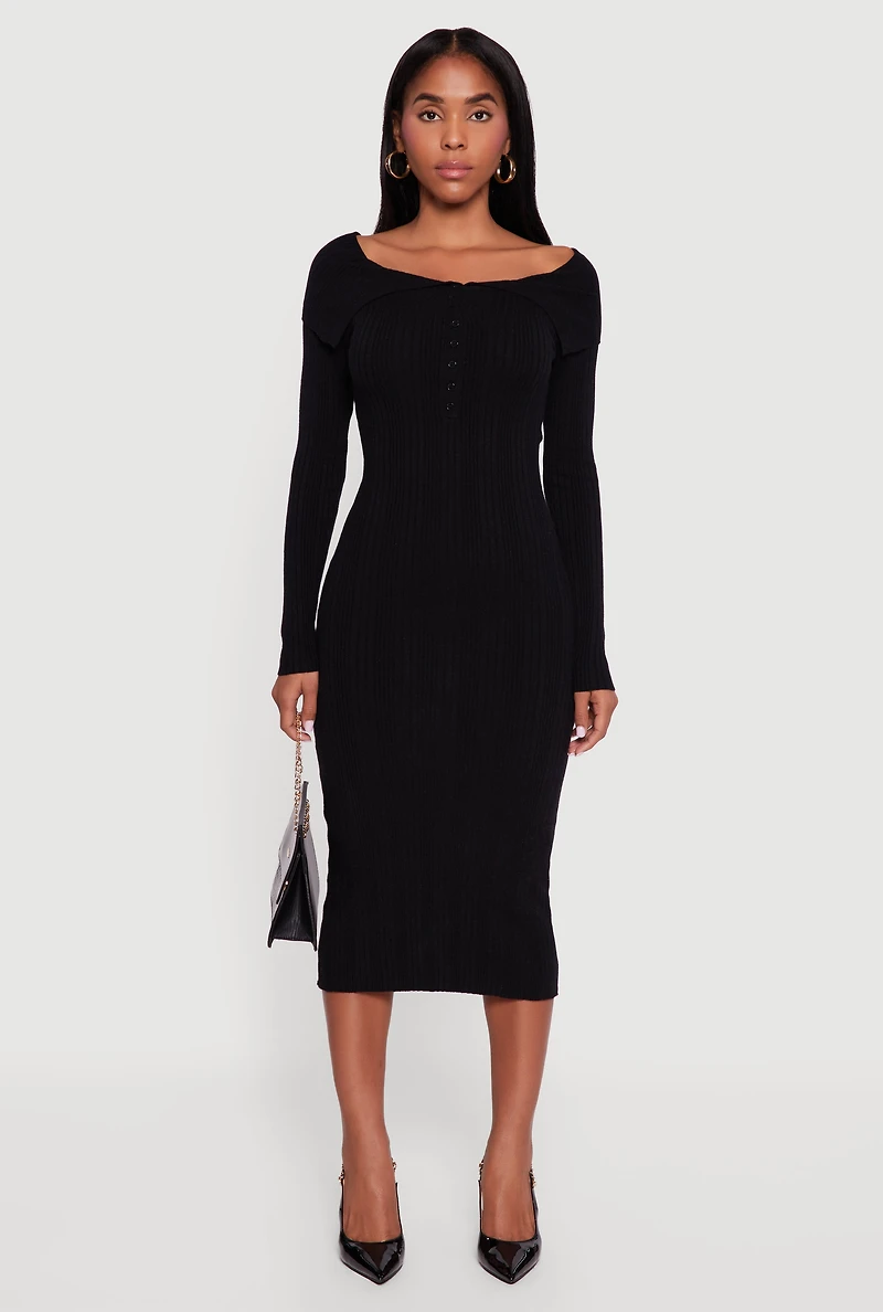 Rib Knit Fold Over Quarter Button Front Sweater Dress