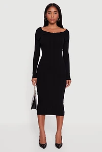 Rib Knit Fold Over Quarter Button Front Sweater Dress