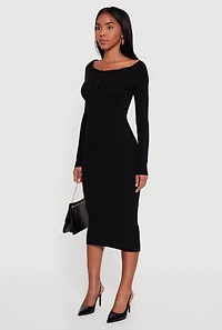 Womens Rib Knit Fold Over Quarter Button Front Sweater Dress, Black,