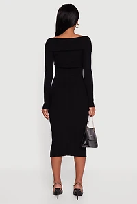 Womens Rib Knit Fold Over Quarter Button Front Sweater Dress, Black,