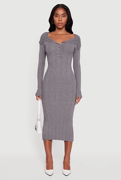 Womens Rib Knit Fold Over Quarter Button Front Sweater Dress,