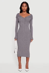 Rib Knit Fold Over Quarter Button Front Sweater Dress