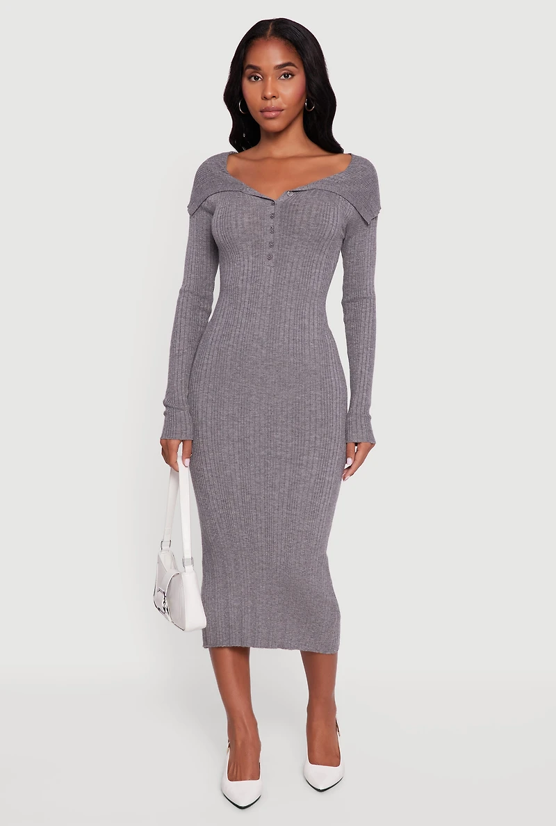 Womens Rib Knit Fold Over Quarter Button Front Sweater Dress,