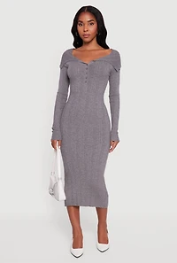 Womens Rib Knit Fold Over Quarter Button Front Sweater Dress,