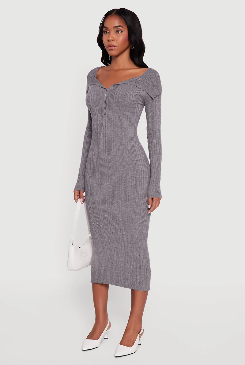 Rib Knit Fold Over Quarter Button Front Sweater Dress