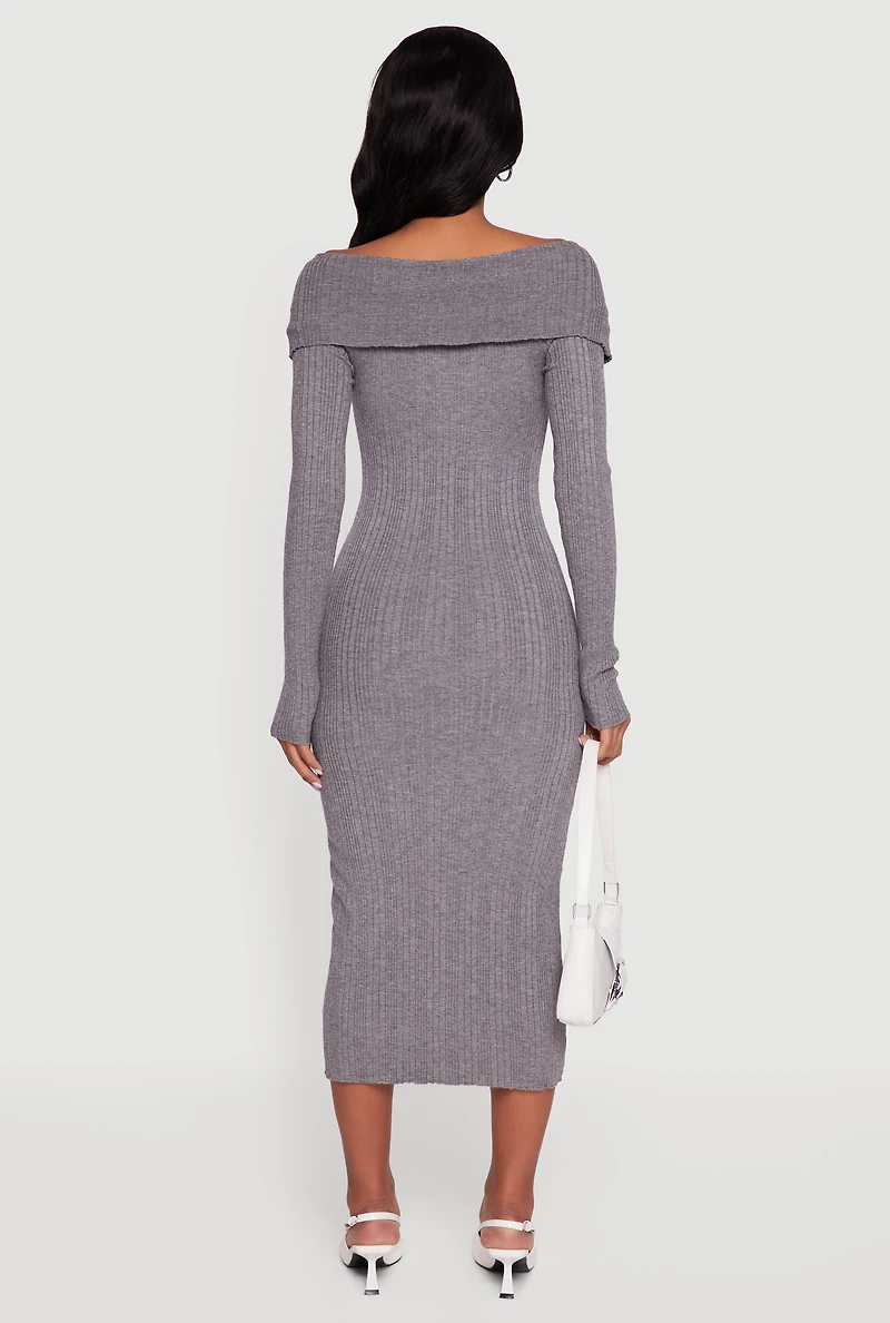 Womens Rib Knit Fold Over Quarter Button Front Sweater Dress,