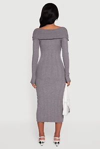 Womens Rib Knit Fold Over Quarter Button Front Sweater Dress,