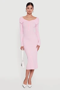 Womens Rib Knit Fold Over Quarter Button Front Sweater Dress, Pink, Size S