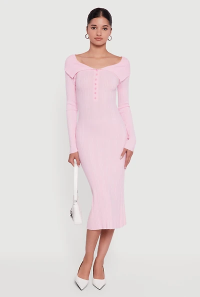 Rib Knit Fold Over Quarter Button Front Sweater Dress