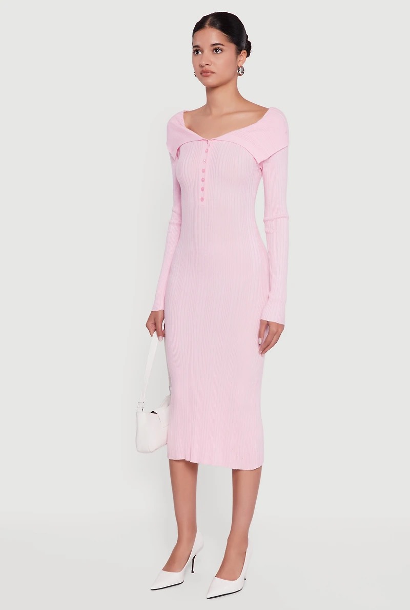 Womens Rib Knit Fold Over Quarter Button Front Sweater Dress, Pink, Size S