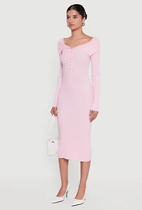 Womens Rib Knit Fold Over Quarter Button Front Sweater Dress, Pink, Size S