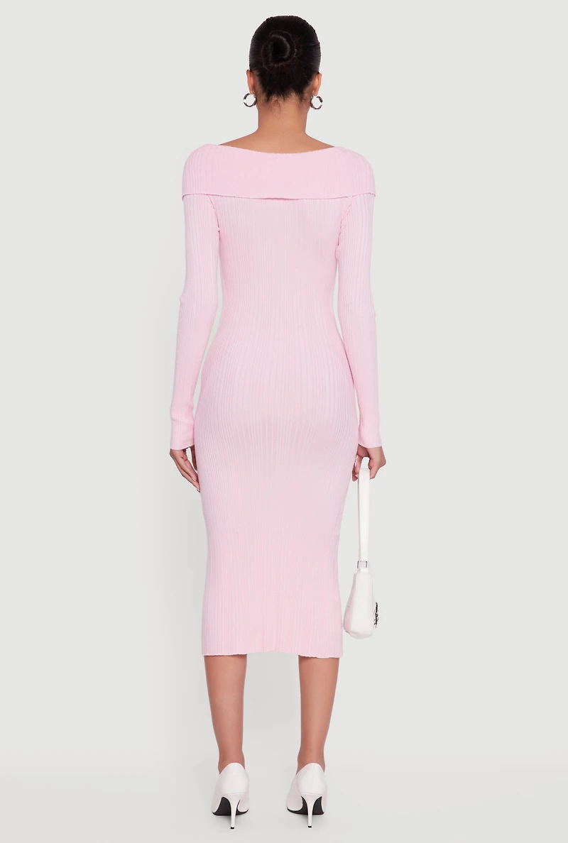 Womens Rib Knit Fold Over Quarter Button Front Sweater Dress, Pink, Size S