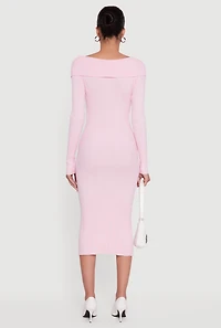 Womens Rib Knit Fold Over Quarter Button Front Sweater Dress, Pink, Size S