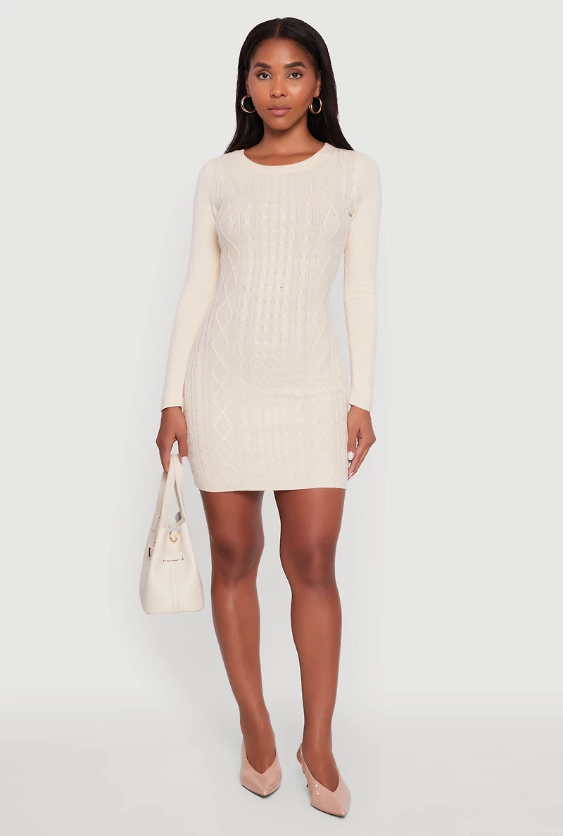 Womens Cable Knit Keyhole Back Mini Sweater Dress, White, Size L