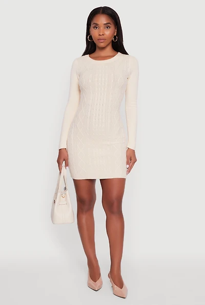 Womens Cable Knit Keyhole Back Mini Sweater Dress, White, Size L