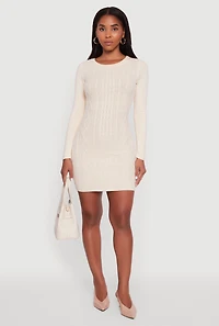 Womens Cable Knit Keyhole Back Mini Sweater Dress, White, Size L