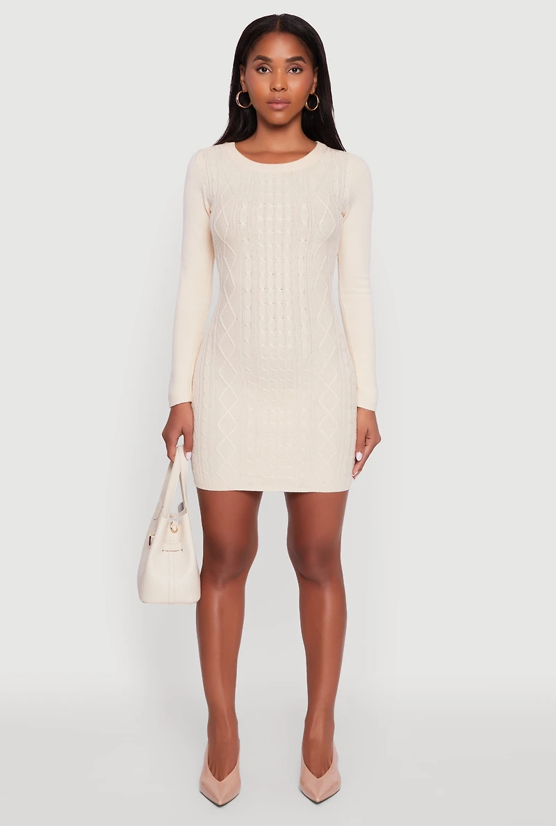 Womens Cable Knit Keyhole Back Mini Sweater Dress, White, Size L