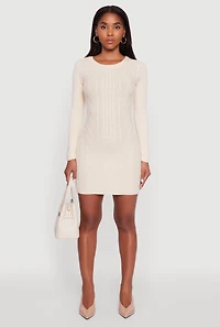 Womens Cable Knit Keyhole Back Mini Sweater Dress, White, Size L