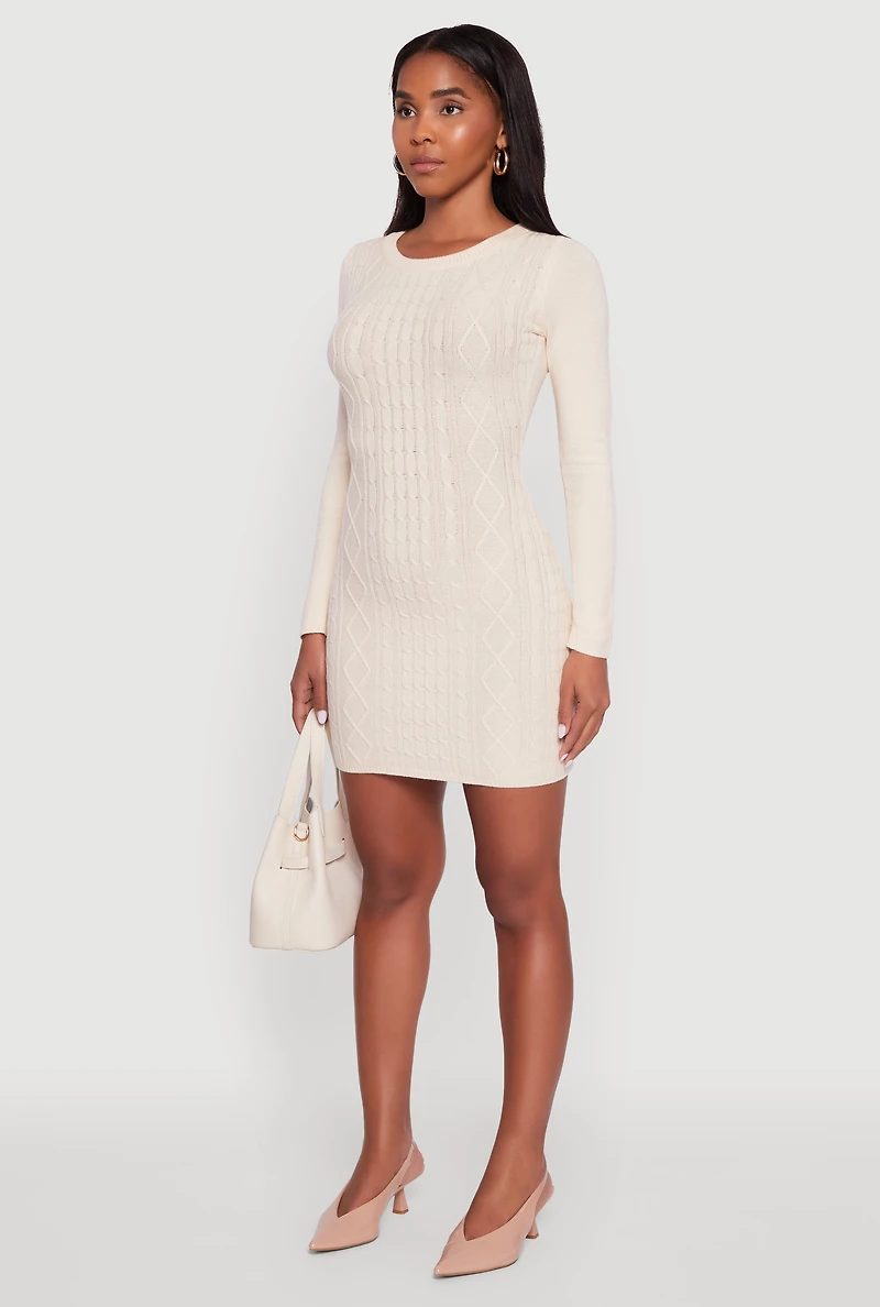 Womens Cable Knit Keyhole Back Mini Sweater Dress, White, Size L