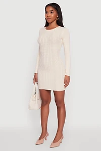 Womens Cable Knit Keyhole Back Mini Sweater Dress, White, Size L