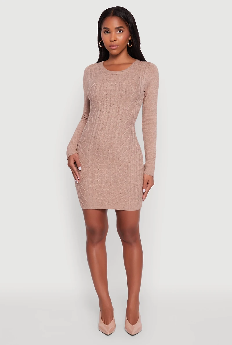 Womens Cable Knit Keyhole Back Mini Sweater Dress, Brown, Size L