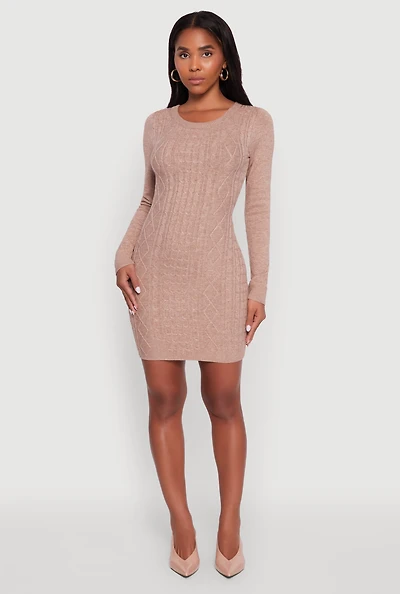 Womens Cable Knit Keyhole Back Mini Sweater Dress, Brown, Size L