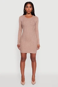 Womens Cable Knit Keyhole Back Mini Sweater Dress, Brown, Size L
