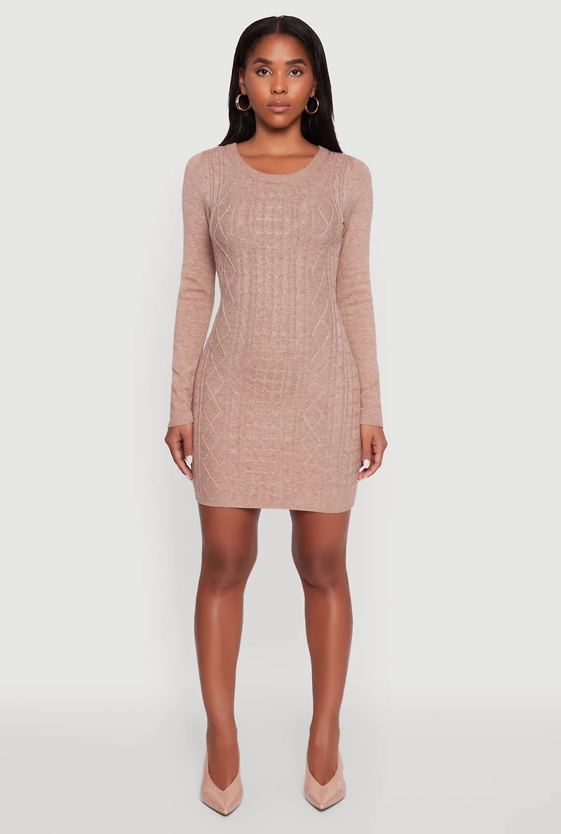 Womens Cable Knit Keyhole Back Mini Sweater Dress, Brown, Size S