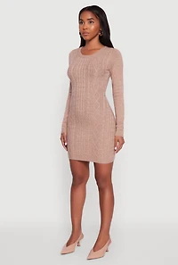 Womens Cable Knit Keyhole Back Mini Sweater Dress, Brown, Size L