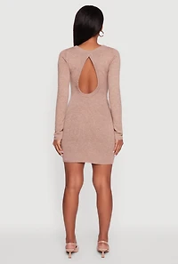 Womens Cable Knit Keyhole Back Mini Sweater Dress, Brown, Size L
