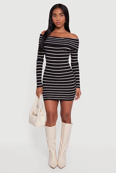 Striped Fold Over Off the Shoulder Bodycon Dress
